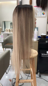 Ombre Blonde Human Hair Wig for White Women 200% Density Straight Lace Front Wig with Dark Roots